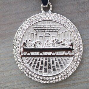 Last Supper Style with CZ Round Pendant Necklace Silver Stainless Steel